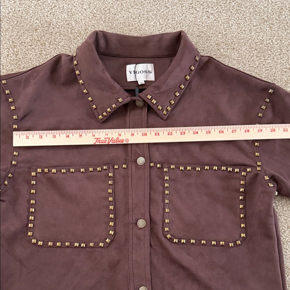 VIGOSS- Brown Faux Suede Studded Trucker Jacket Gold Stud Western Rock Style - Picture 12 of 14